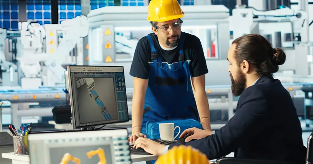 Techniker und Planer besprechen eine Anlagen-Konstruktion am Monitor
