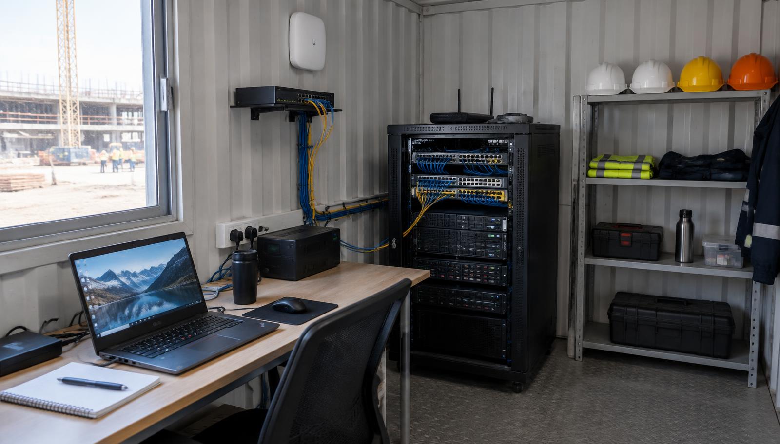 Technik-Arbeitsplatz im Baucontainer auf der Baustelle