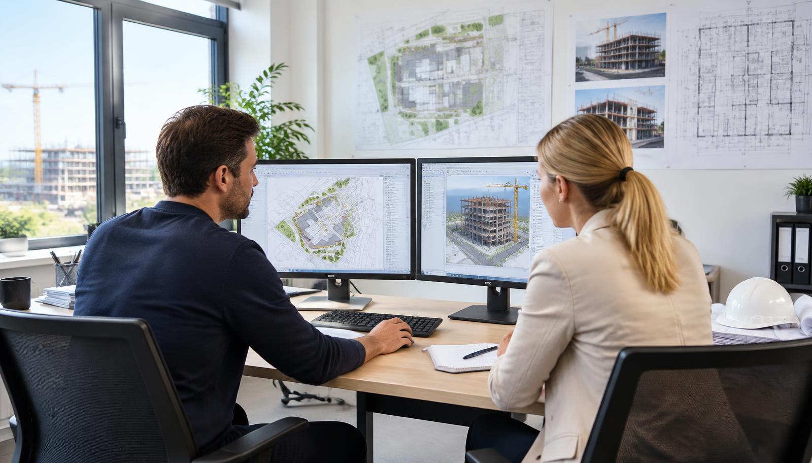 Planer besprechen ein Bauprojekt an zwei Monitoren