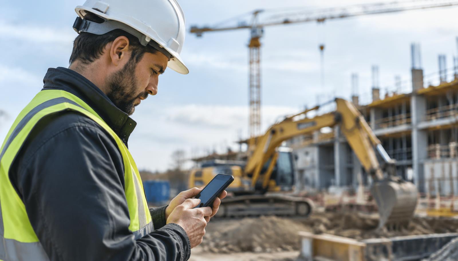 Bauleiter mit Helm prüft sein Smartphone auf der Baustelle