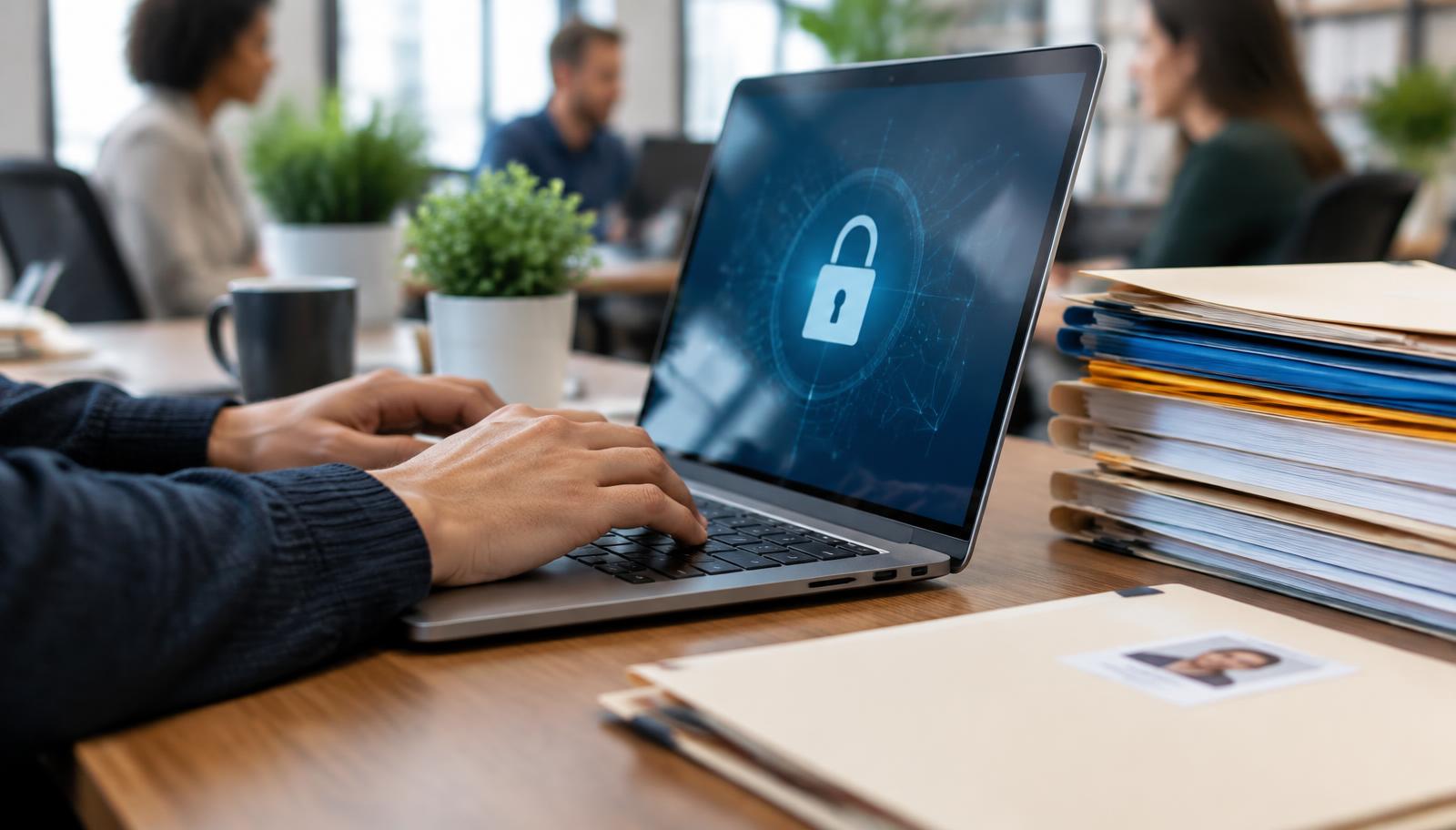 Laptop mit Schloss-Symbol neben geordneten Aktenordnern