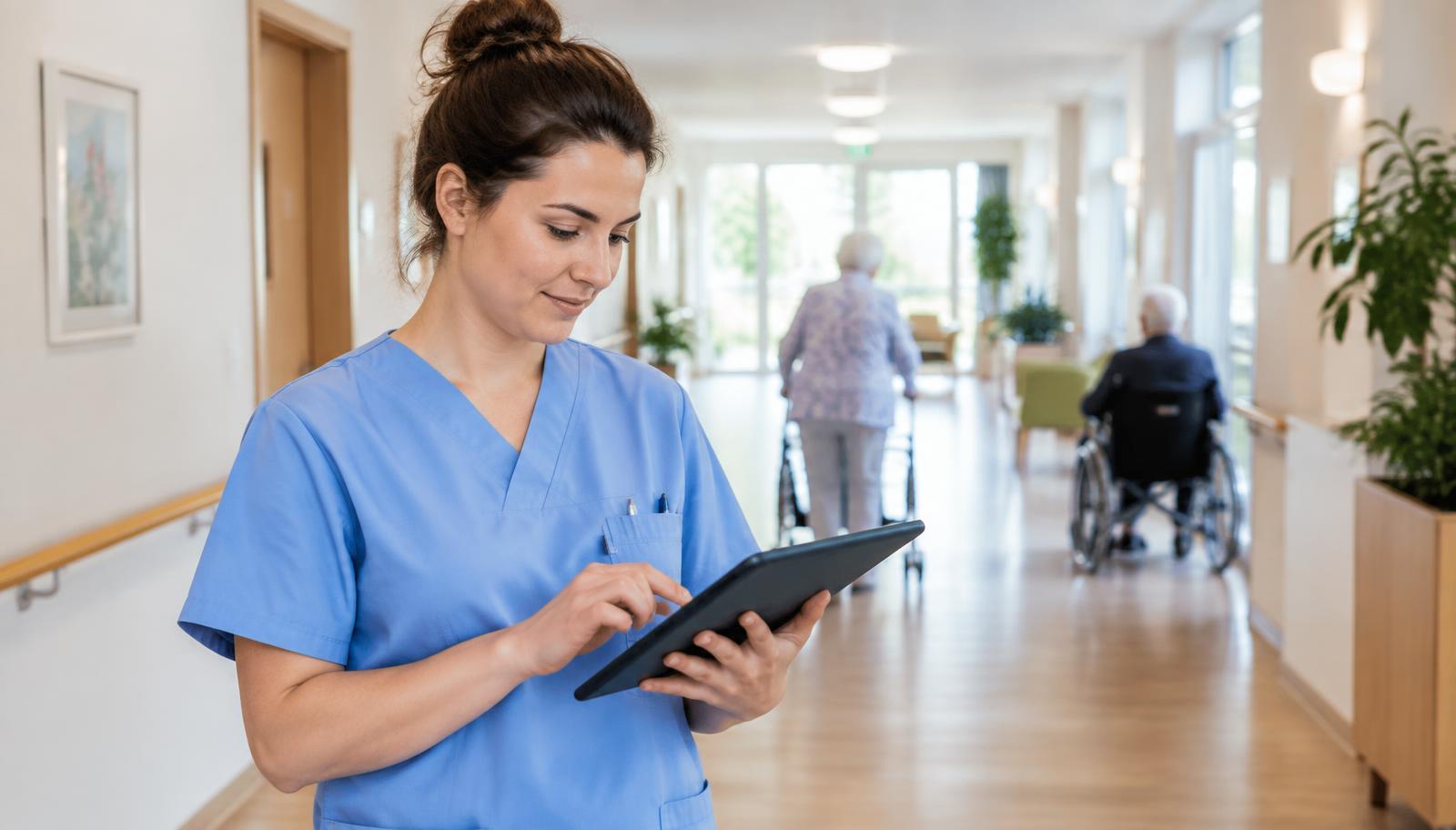 Pflegekraft mit Tablet auf dem Flur einer Einrichtung